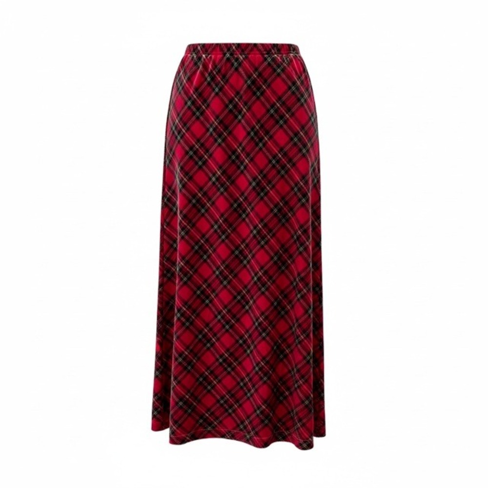 Red Tartan Plaid Velvet Touch Maxi Skirt 90s Grunge Dark Academia Stretch New